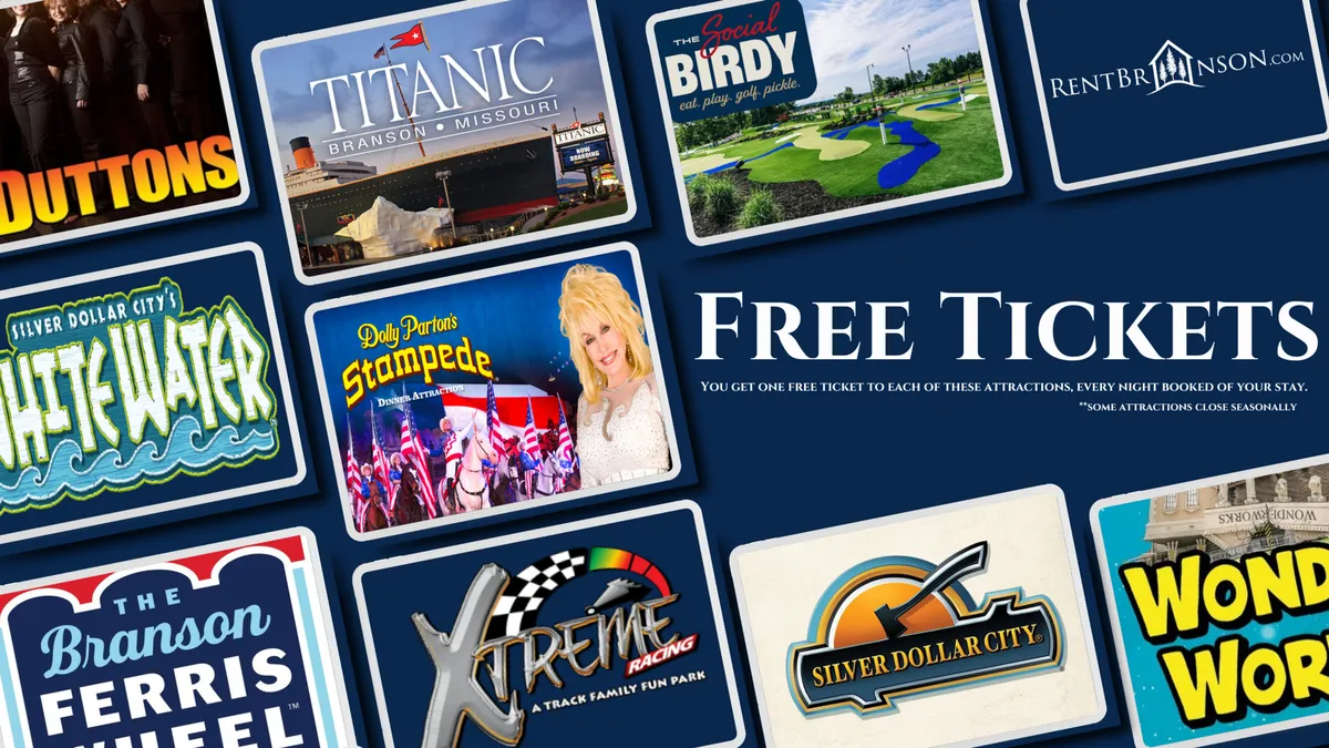 A vibrant interior shot showcasing a spread of attraction tickets, colorful logos, and text highlights, alluding to the excitement of visiting theme parks, attending live shows, and exploring Branson’s unique entertainment options.